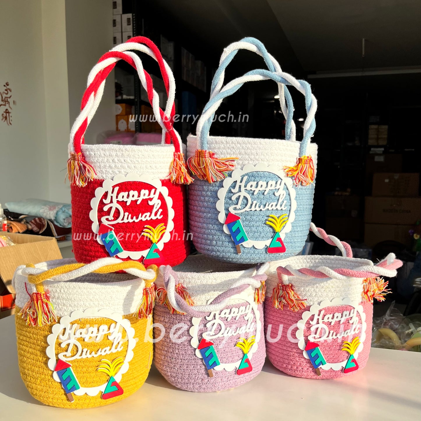 Happy Diwali Crackers Jute Gift Basket