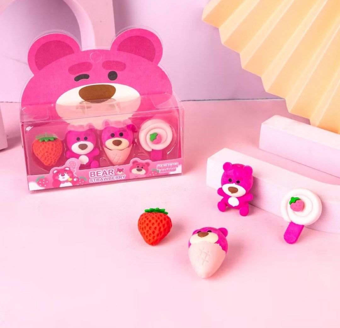 Strawberry Bear Erasers Pack - 4 Pcs