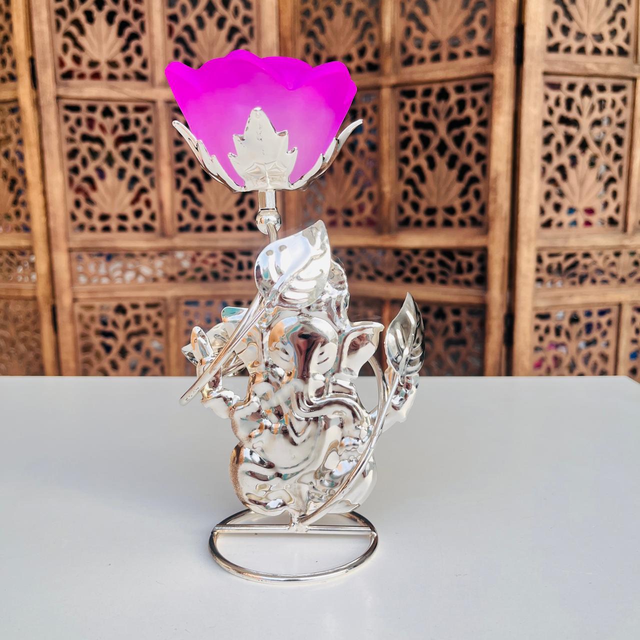 Lord Ganesh Metal Glass Rose Candle Holder