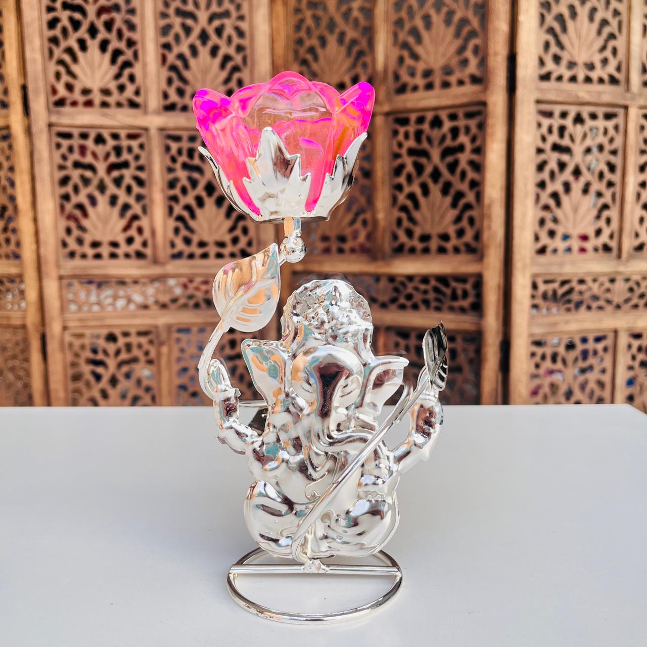 Lord Ganesh Metal Glass Rose Candle Holder