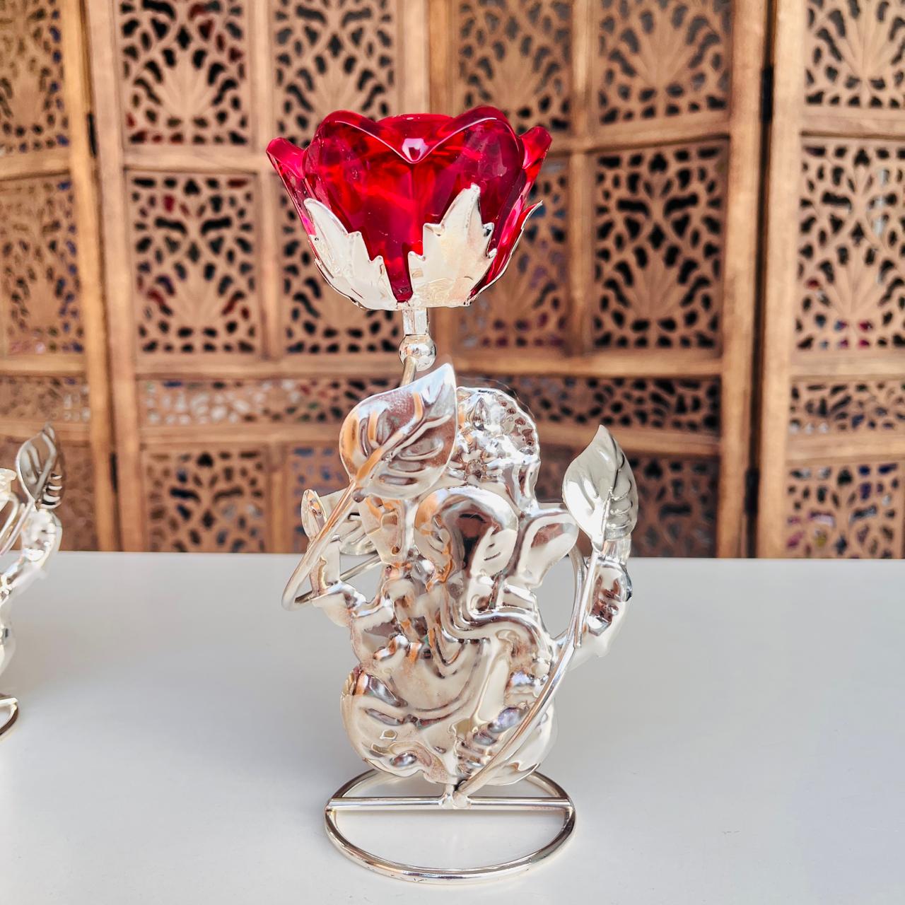 Lord Ganesh Metal Glass Rose Candle Holder