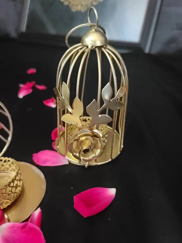 Golden Metal Bird Cage Tea Light Holder | Hanging Decor