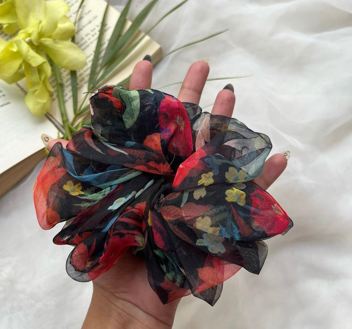 Printed Black Organza Scrunchie