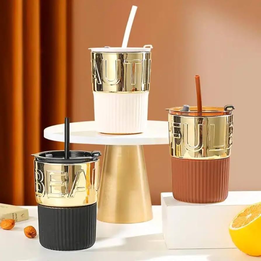 Beautiful Metallic Coffee Mug with Straw