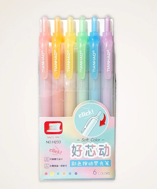 Pastel Color Click Highlighter Pens (Set of 6 Pens)