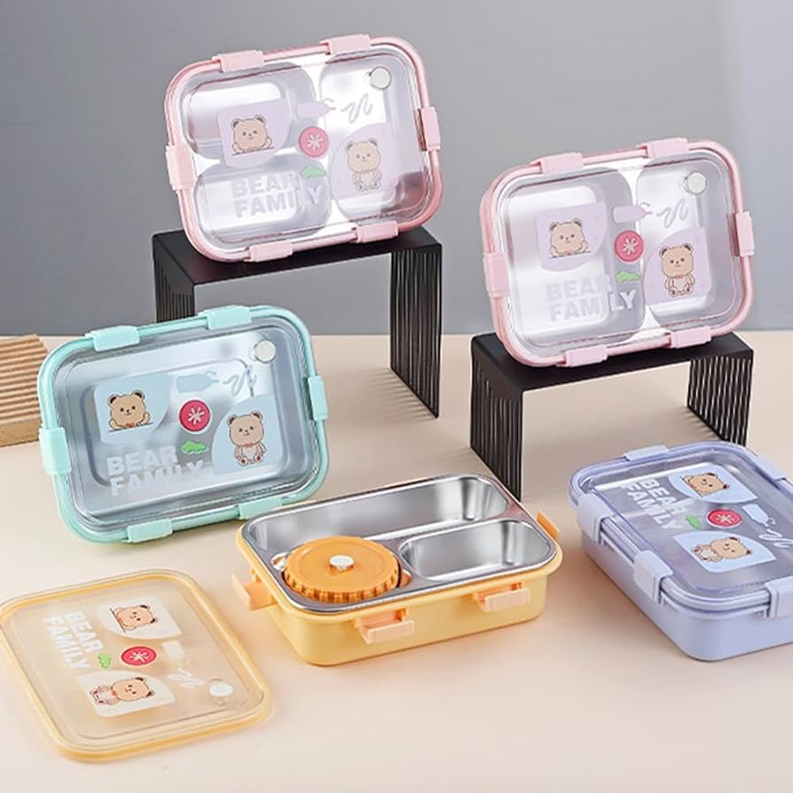 Bear Family 3 Compartment Insulated Stainless Steel Lunch Box