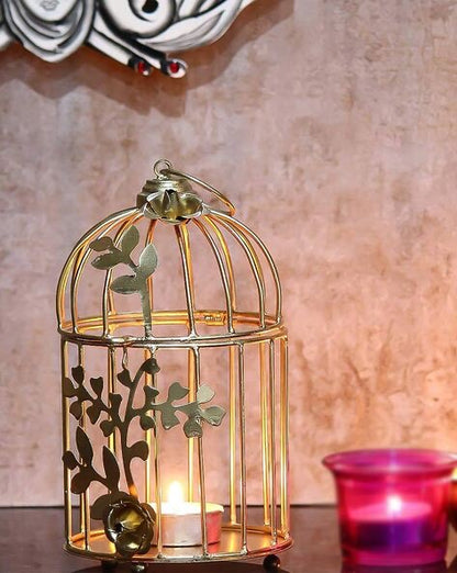 Golden Metal Bird Cage Tea Light Holder | Hanging Decor