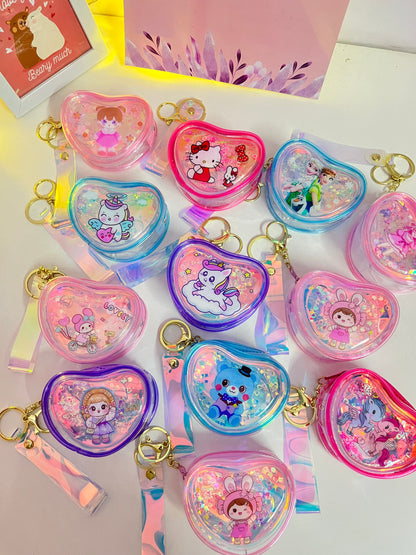 Holographic Floating Glitter Mini Pouch Keychain - Heart