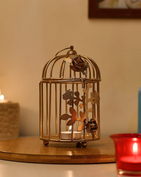 Golden Metal Bird Cage Tea Light Holder | Hanging Decor