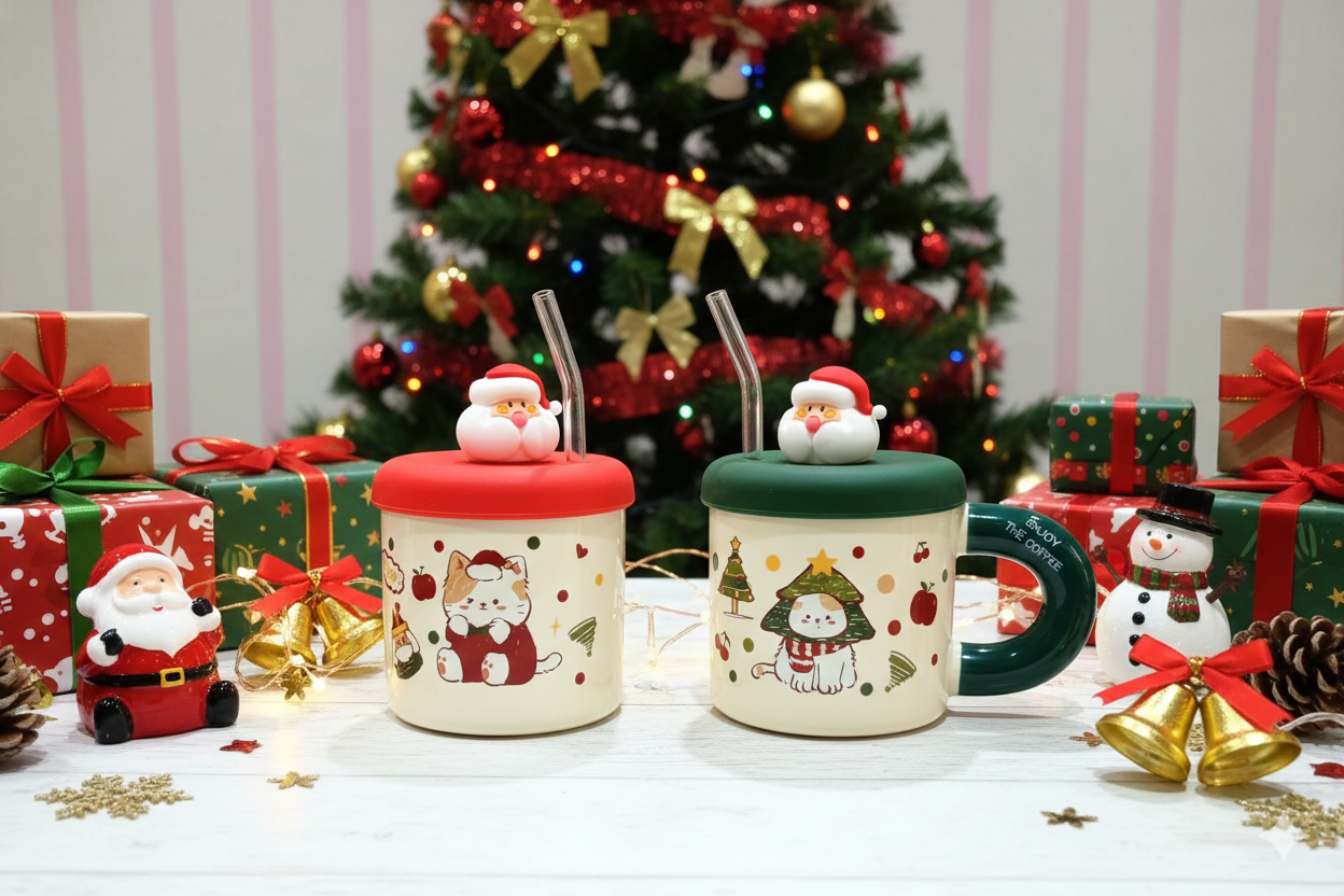 Pookie Cat Santa Christmas Mug with Straw