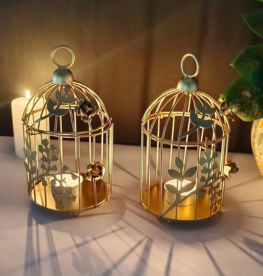 Golden Metal Bird Cage Tea Light Holder | Hanging Decor