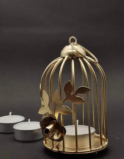 Golden Metal Bird Cage Tea Light Holder | Hanging Decor