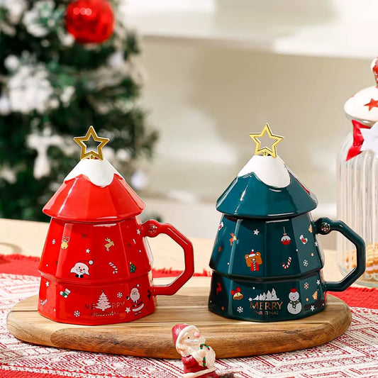 Christmas Tree Ceramic Mug with Star Spoon on Lid