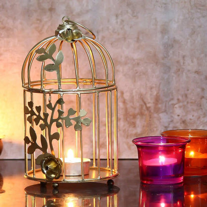 Golden Metal Bird Cage Tea Light Holder | Hanging Decor