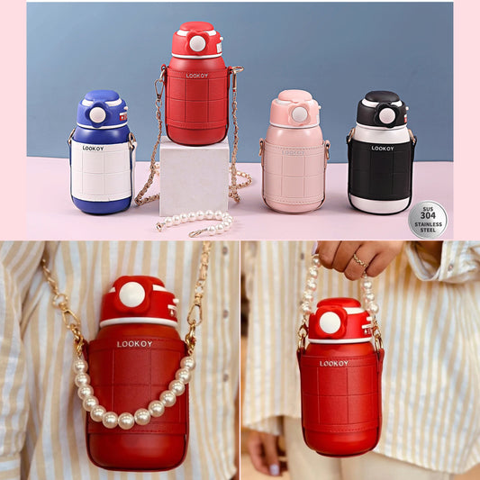 Premium Insulated Steel Bottle with Pearl & Metal Sling Chain