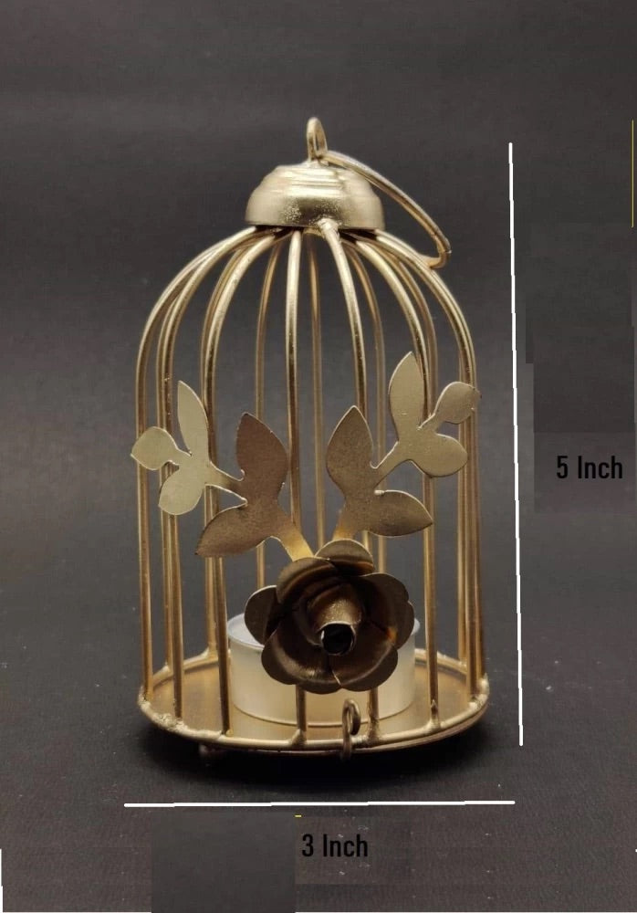 Golden Metal Bird Cage Tea Light Holder | Hanging Decor