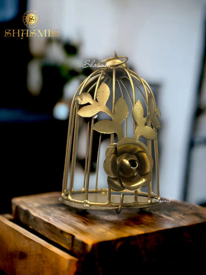 Golden Metal Bird Cage Tea Light Holder | Hanging Decor