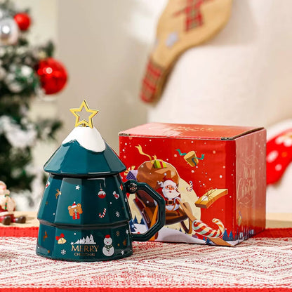 Christmas Tree Ceramic Mug with Star Spoon on Lid