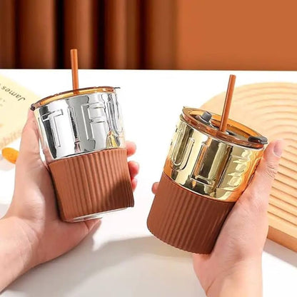 Beautiful Metallic Coffee Mug with Straw