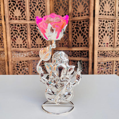 Lord Ganesh Metal Glass Rose Candle Holder