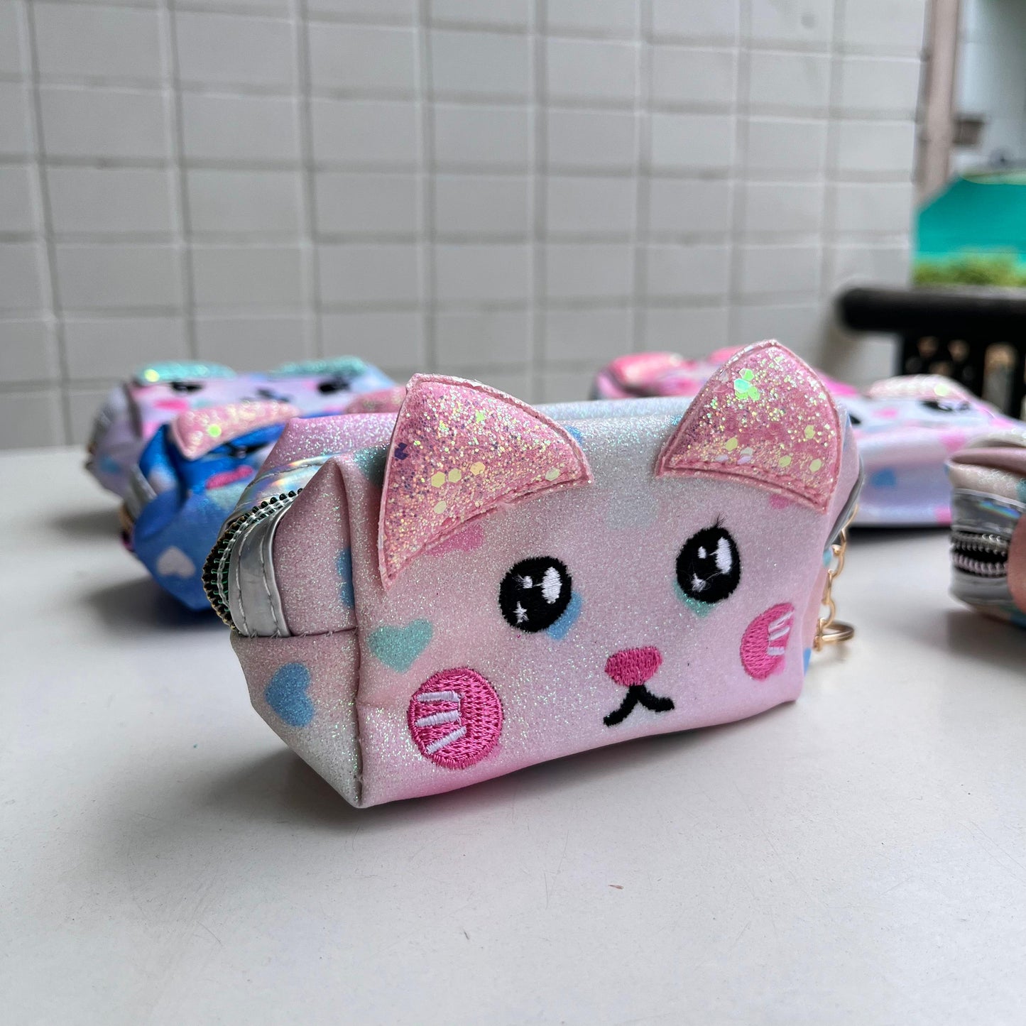 Cat Glittery Pouch Keychain