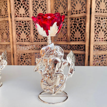 Lord Ganesh Metal Glass Rose Candle Holder