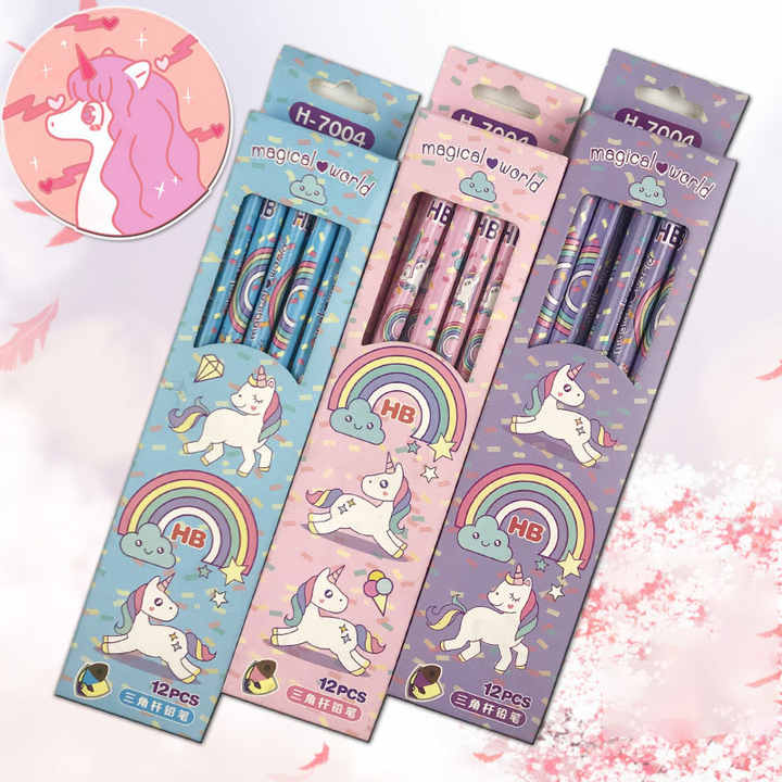 Magical Unicorn Triangle HB Pencil Set – 12 Pcs