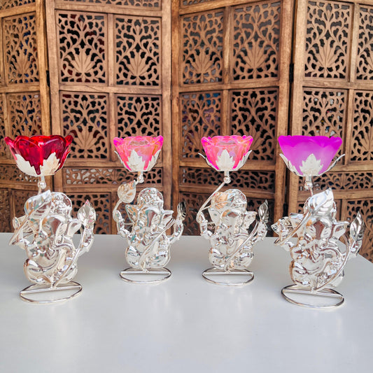 Lord Ganesh Metal Glass Rose Candle Holder